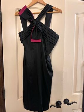 Cache Black One-Shoulder Cocktail Dress with Magenta Bow Accent